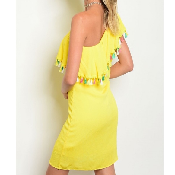 Yellow One Shoulder Ruffle Tassel Dress - Picture 2 of 4